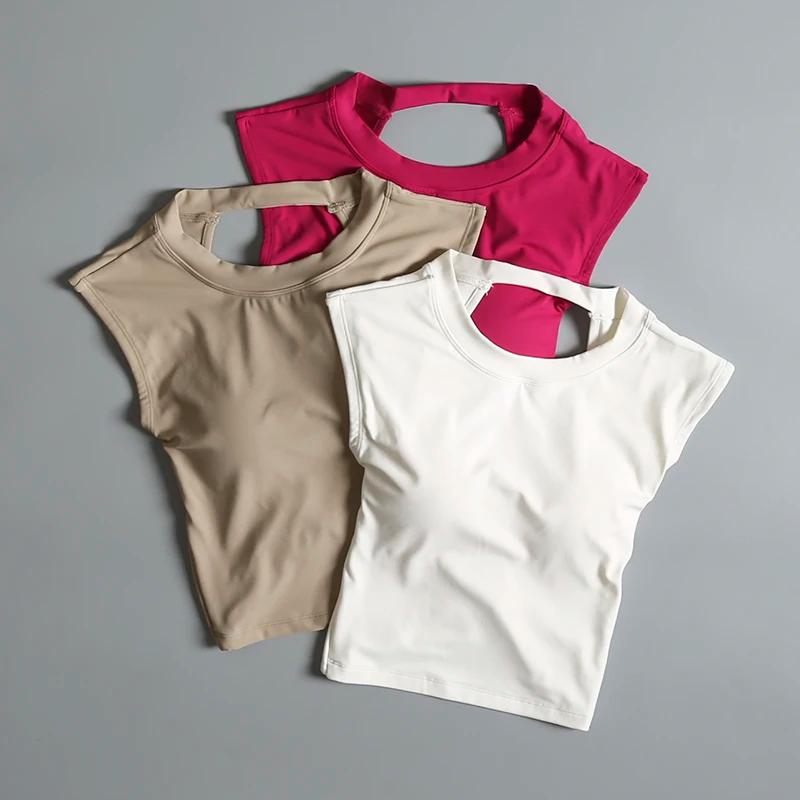 Costume de Yoga haut de sport pour femmes avec coussin de poitrine, T-shirt Sexy à manches courtes, 