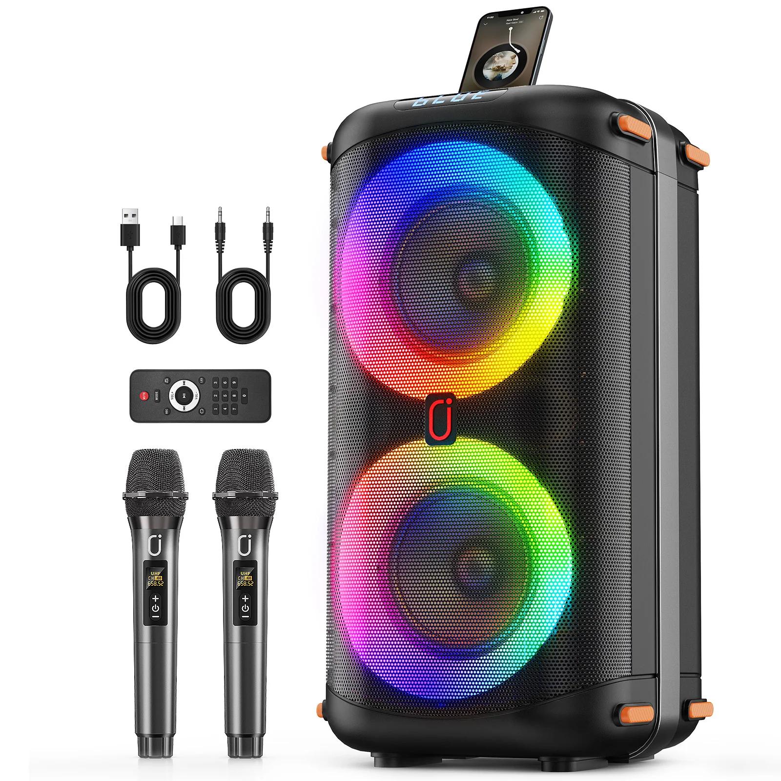 Machine de karaoké T27-T avec 2 microphones sans fil, système PA pour grandes fêtes avec lumières Di
