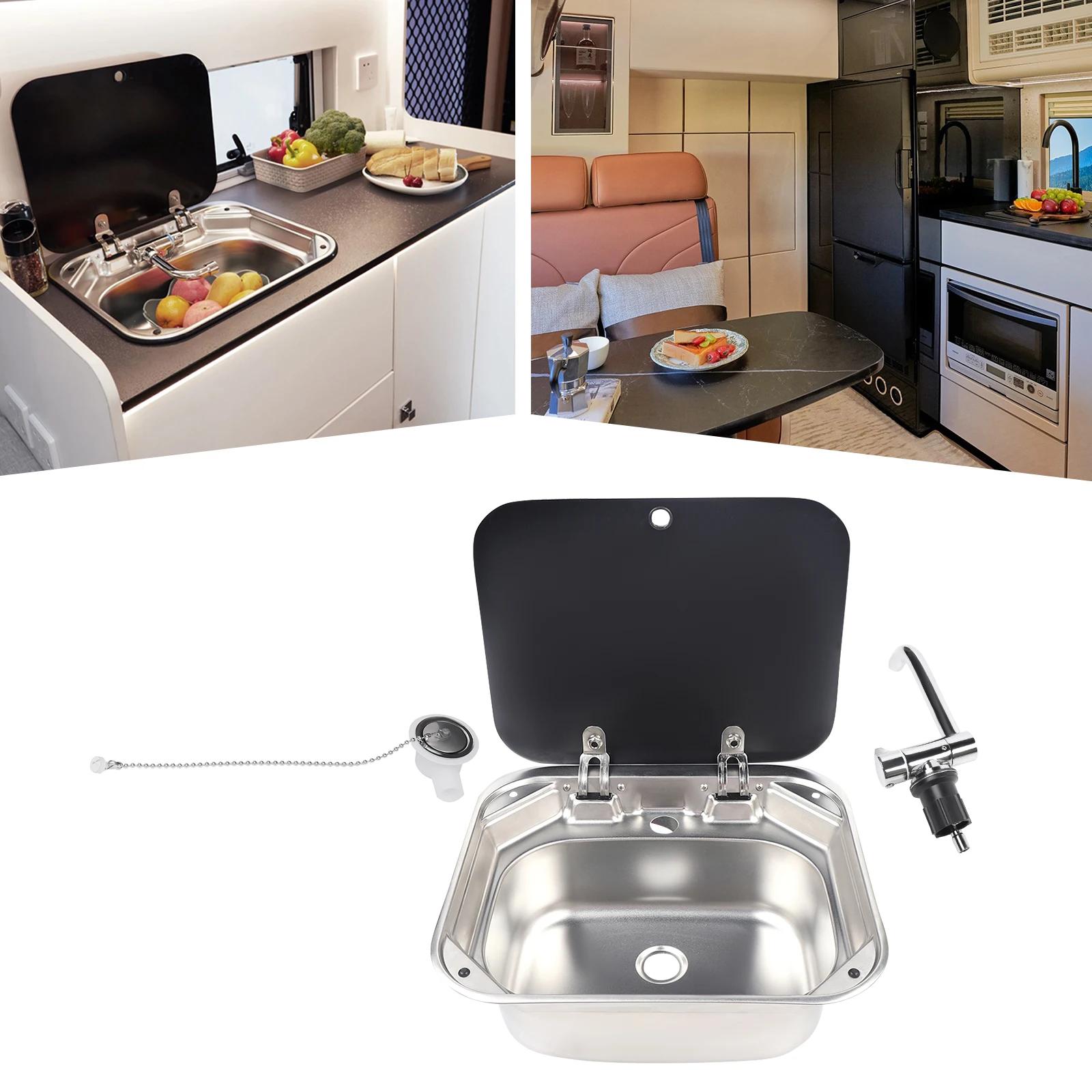 Lavabo de camping-car en acier inoxydable, Lavabo à main avec couvercle en verre