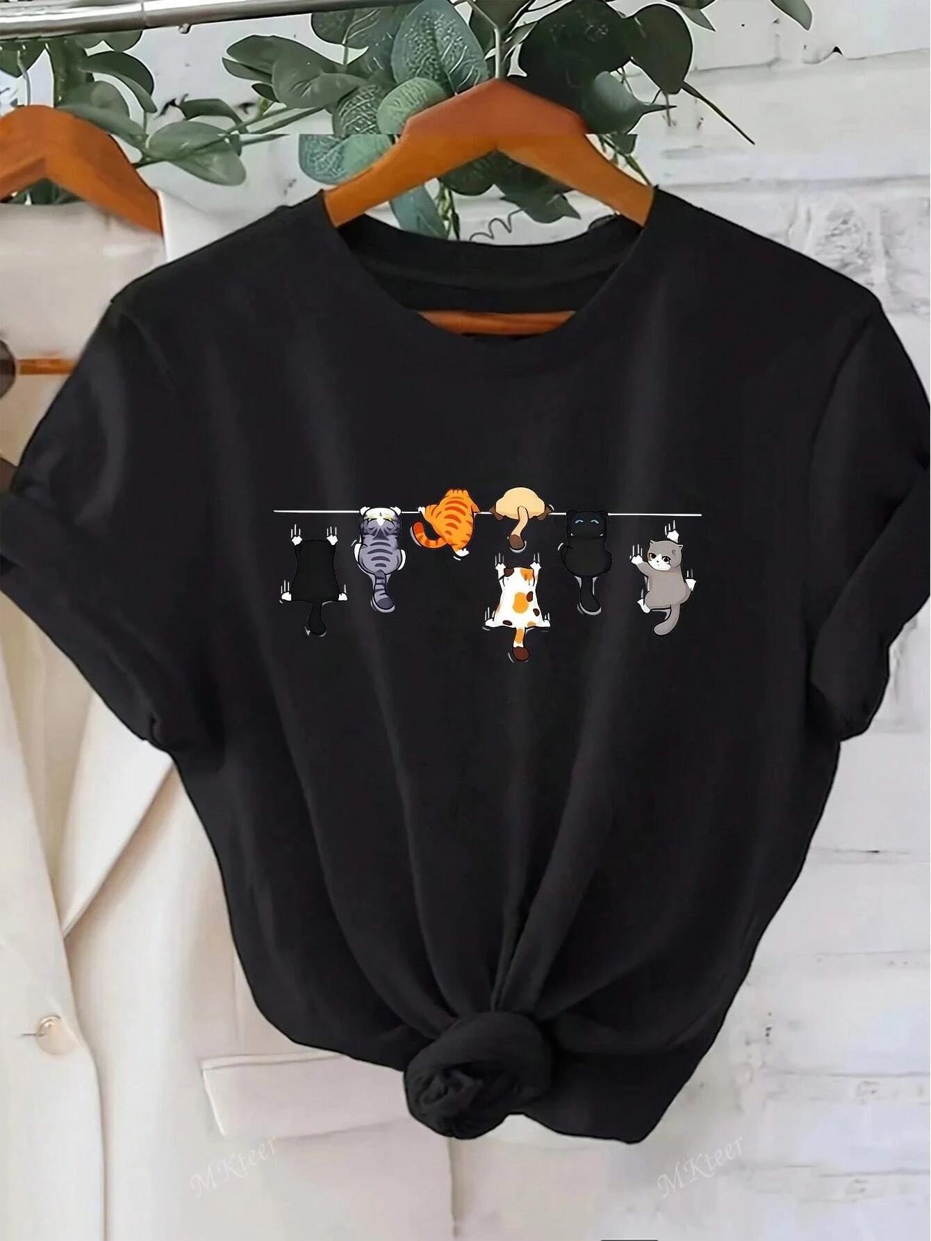 Femmes mignon chat imprimé col rond à manches courtes t-shirt style décontracté blanc à manches cour