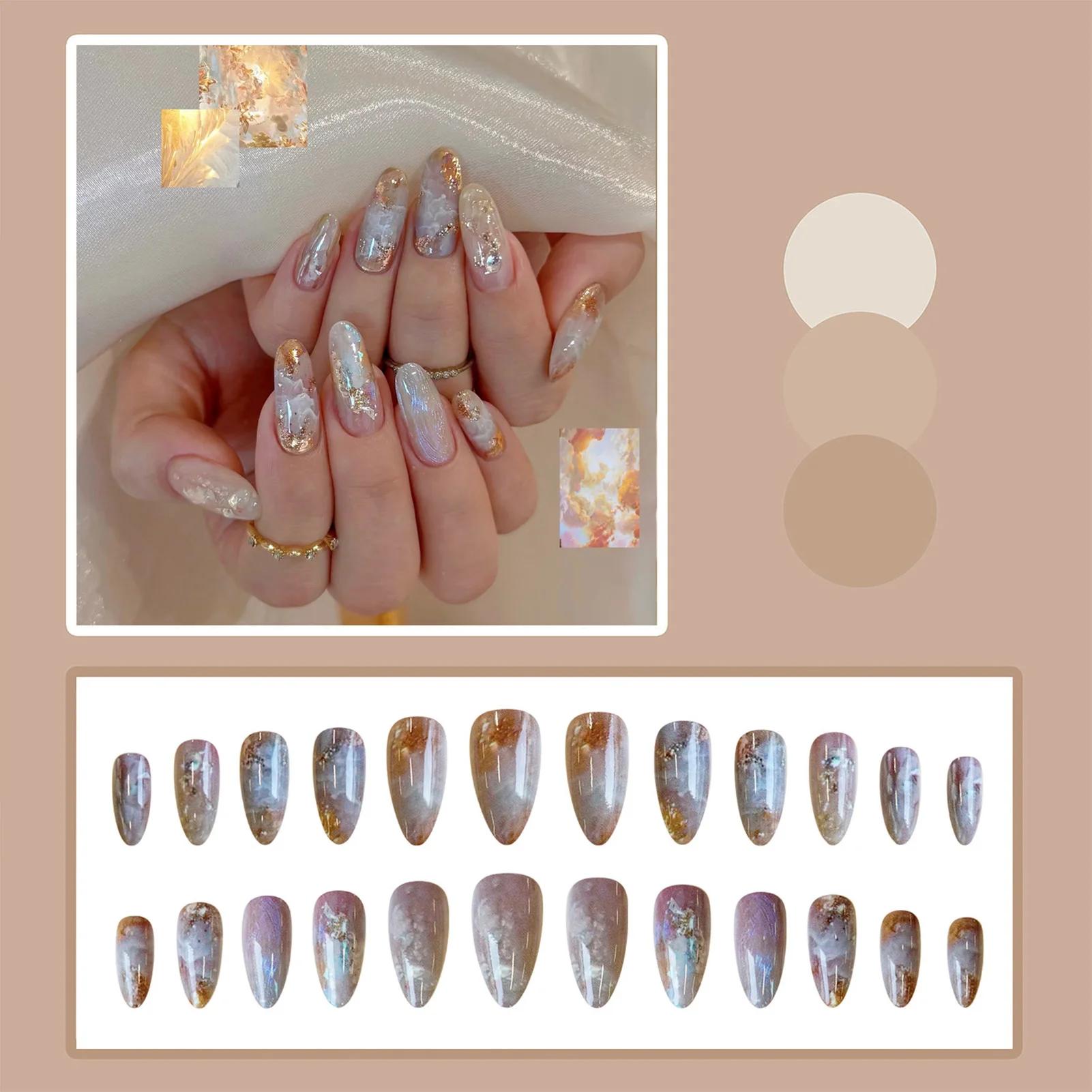 24 pièces ambre Rose faux ongles presse sur ongles avec peinture à l'huile motifs de fleurs longue a