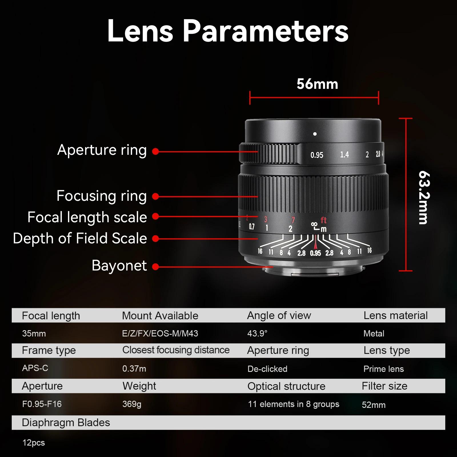 7artisans Objectif Portrait 35mm F0.95 Grande Ouverture Pour Sony E ZVE10 FX30 Fuji FX X-T1 X-A1/X-A