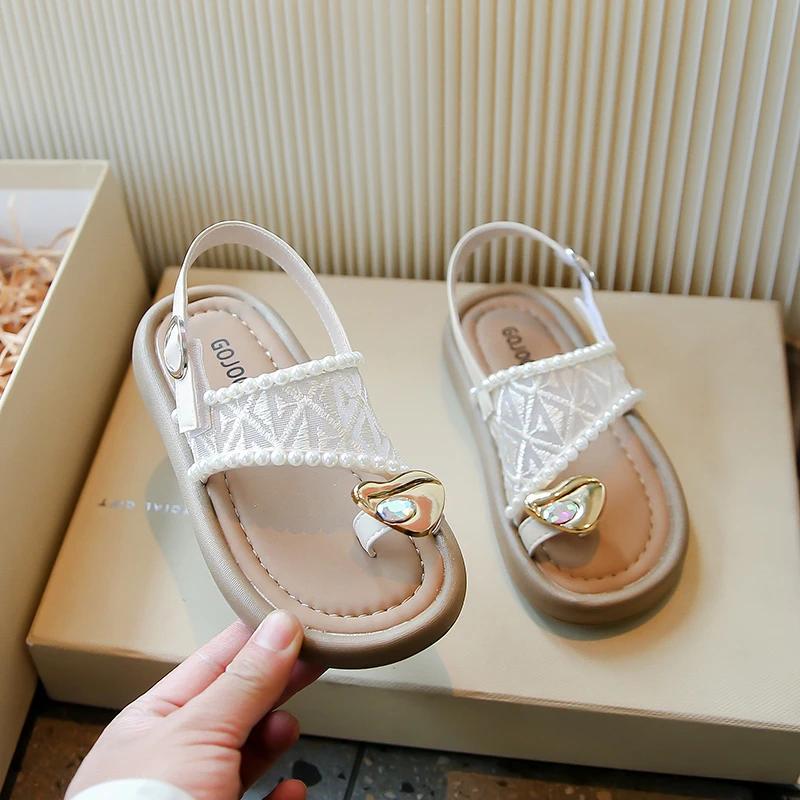 2025 été nouveaux enfants princesse perle Cool pantoufles pour fille anti-dérapant plage sandales or