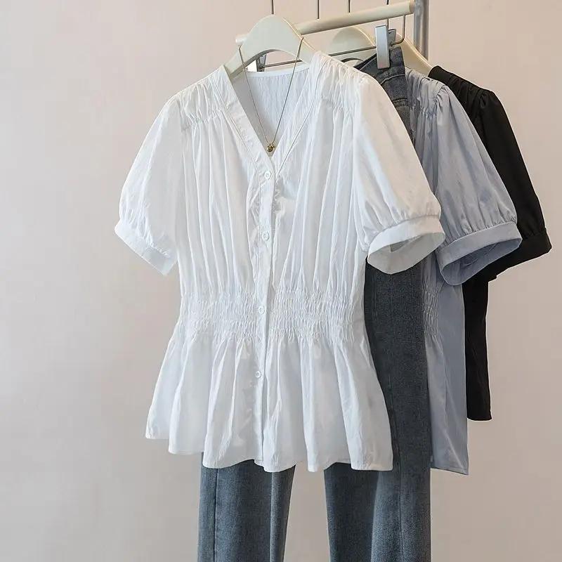 200 livres grande taille taille élastique bureau dame tendance chemise et chemisier à manches courte