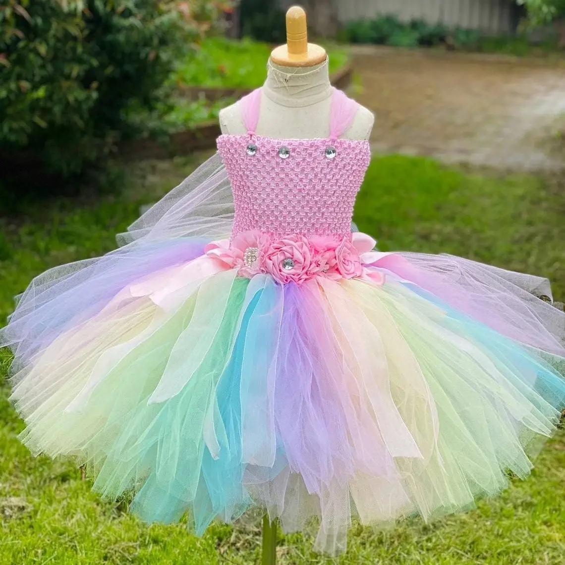 Robe de fée papillon Pastel pour filles, Tutu à fleurs avec aile et bâton, tenue avec nœud de cheveu