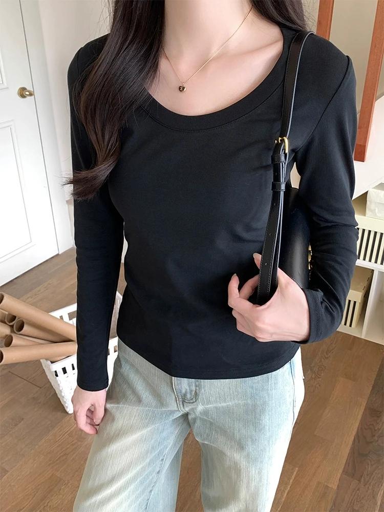 Col en U à manches longues T-Shirt femmes automne hiver nouveau coton mince haut décontracté basique