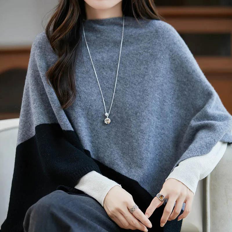 Cape en laine mérinos pour femmes, pull-over, châle, Style Simple, bureau, mi-longue, contrastée, au