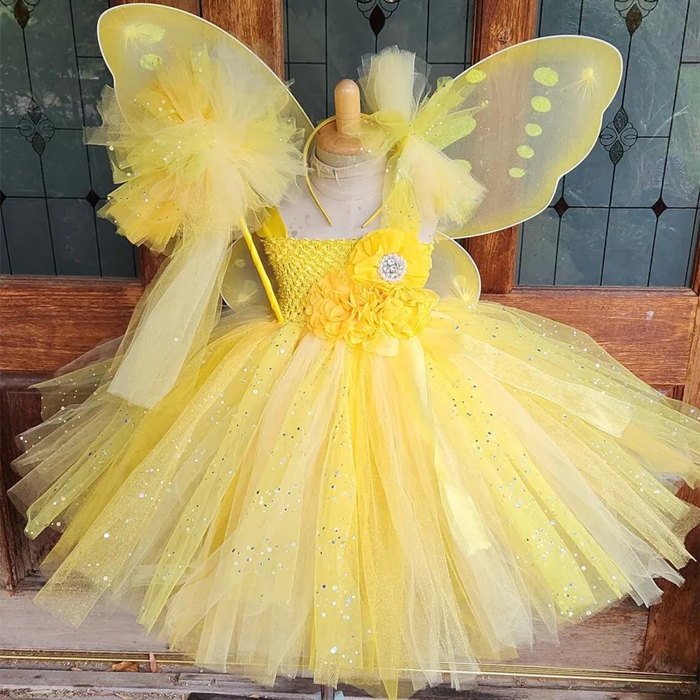 Robe Tutu à paillettes violettes pour filles, tenue Tutu féerique de fleurs avec aile de papillon et