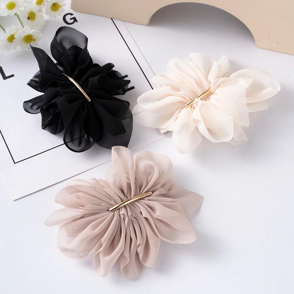 Grand printemps pinces à cheveux femmes métal mousseline de soie fleurs élastique pour queue de chev