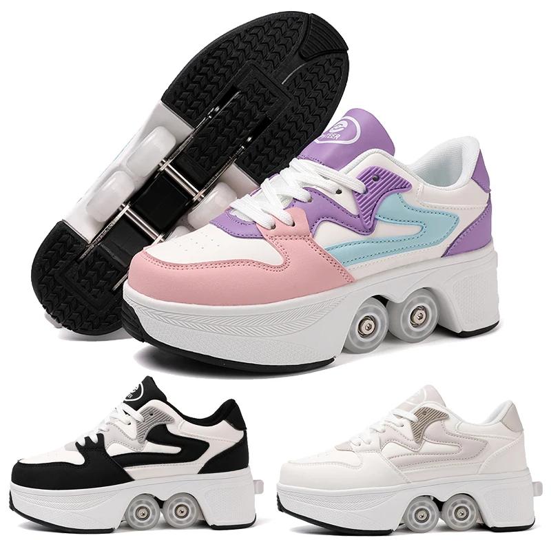Chaussures à roulettes pour enfants avec 4 roues, patins à roulettes, chaussures de parkour déformab