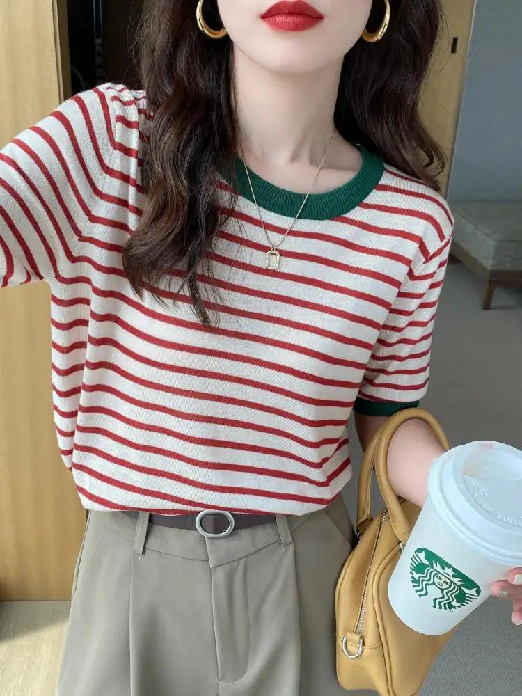 T-shirt décontracté à rayures pour femme, col rond, imprimé, manches courtes, tricoté, été 2026