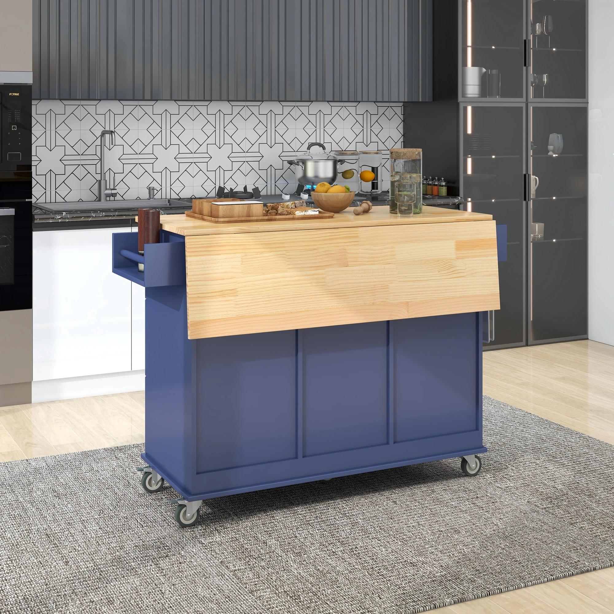 Îlot de cuisine mobile roulant avec plateau en bois massif et roues de verrouillage, armoire de rang