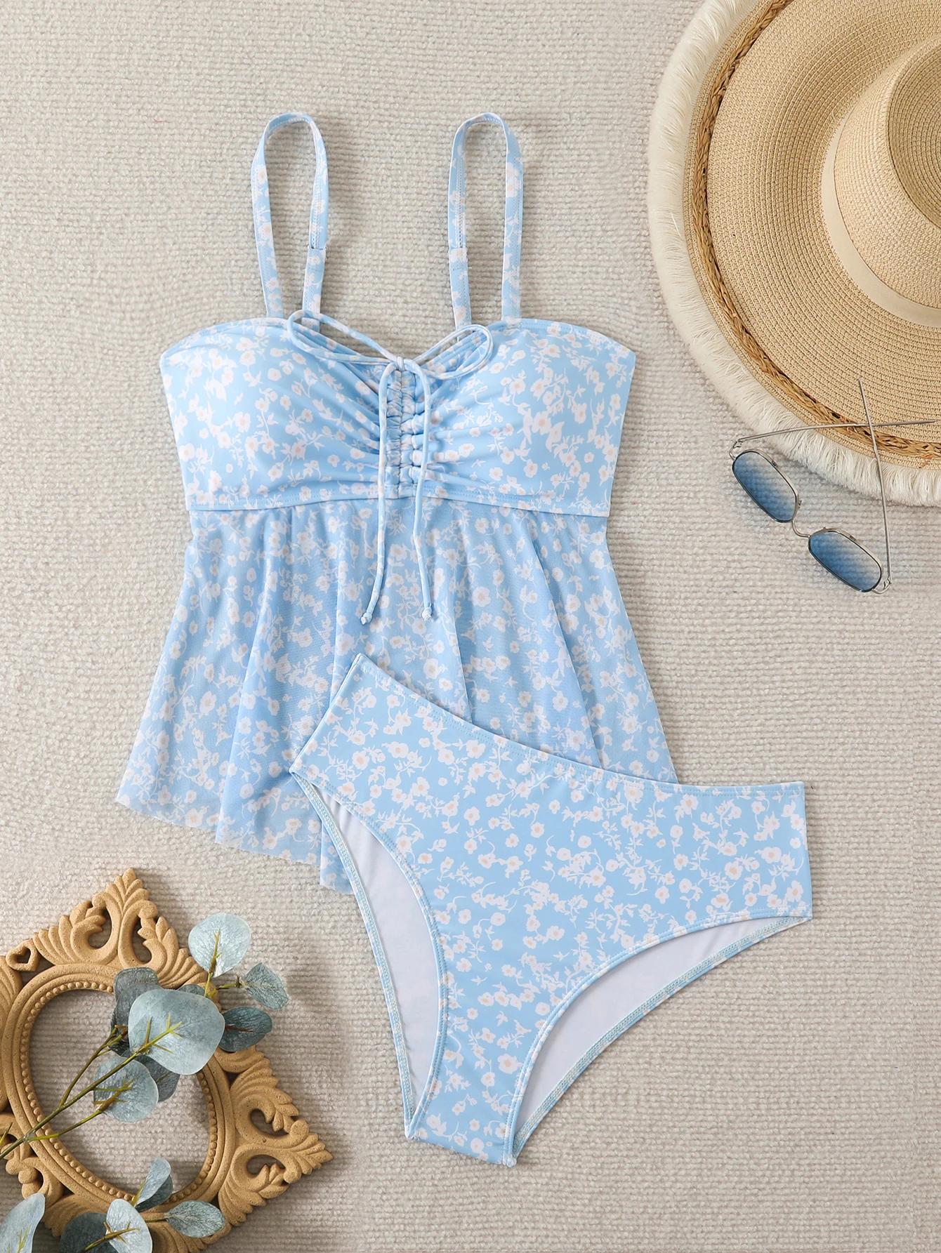 2026 Tankini à volants deux pièces pour femme, maillot de bain à bretelles avec cordon de serrage, t