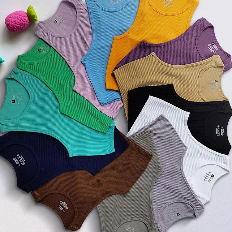 Haut court en tricot côtelé élastique pour femme, Économie basiques monochromes, Streetwear sans cou