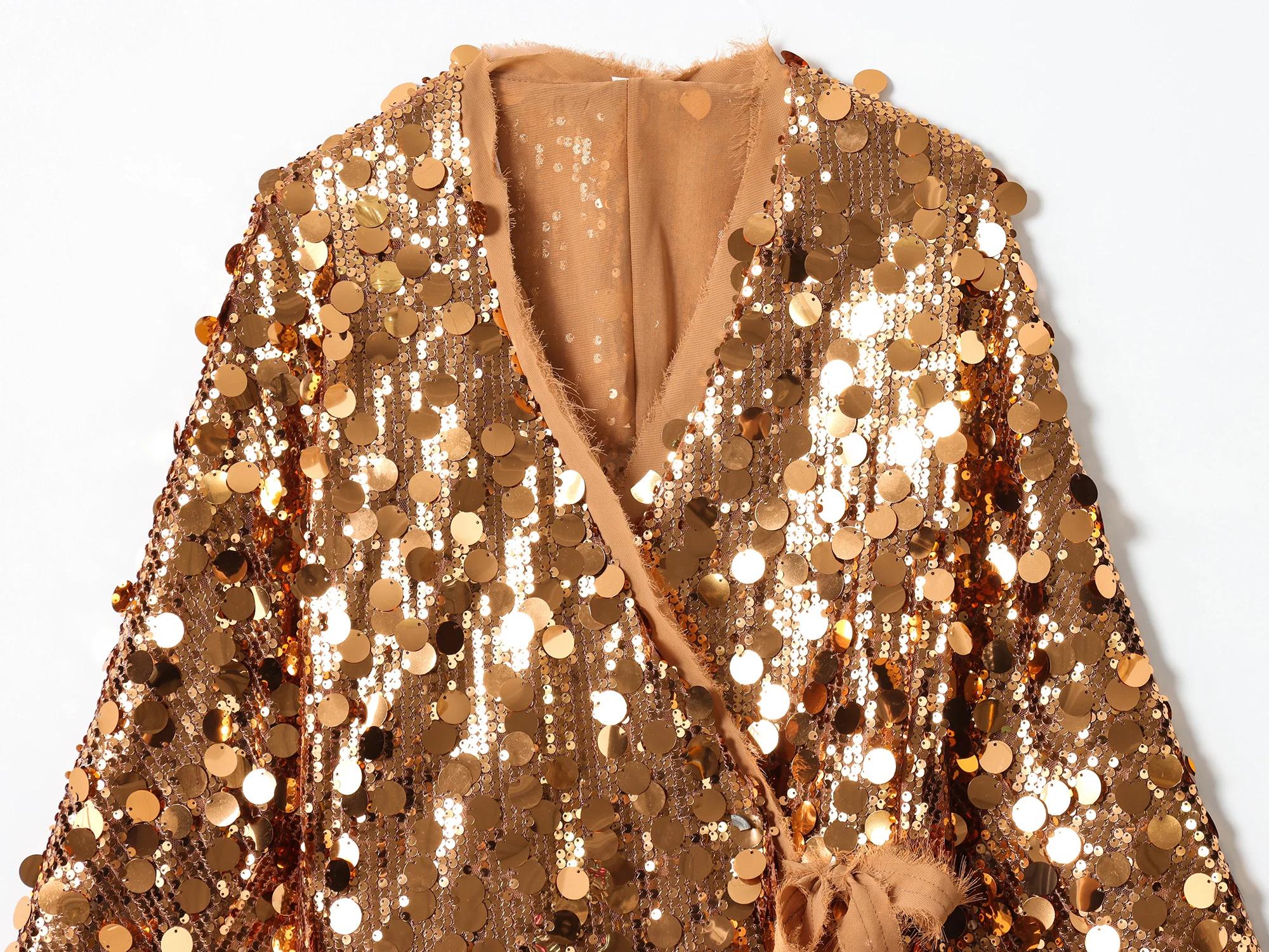 Mode à lacets paillettes Patchwork Kimono femmes Chic col en V manches longues veste ample automne n