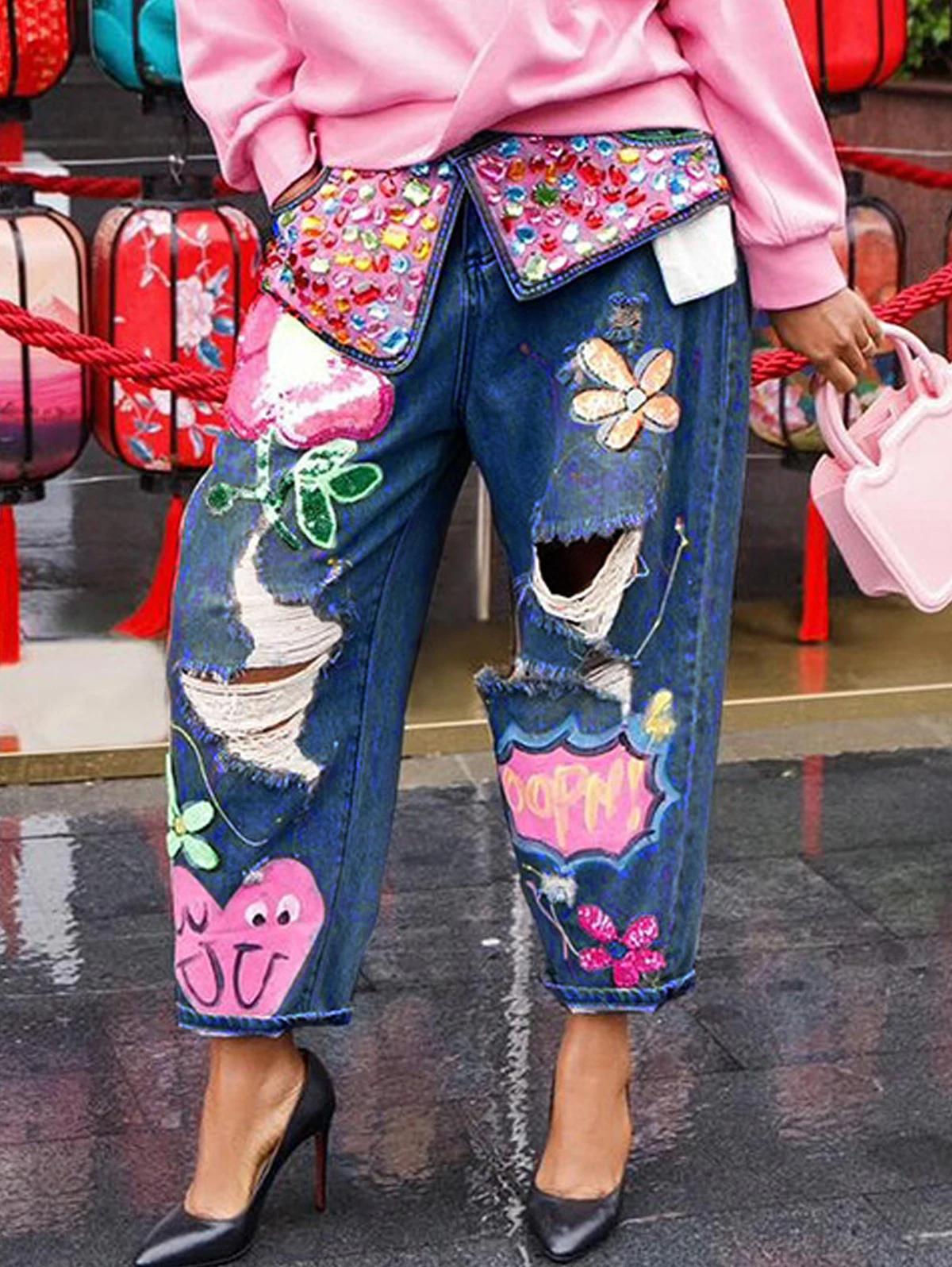 Jean en denim chic pour femme, taille haute, coupe ample, avec broderie florale printanière, strass,