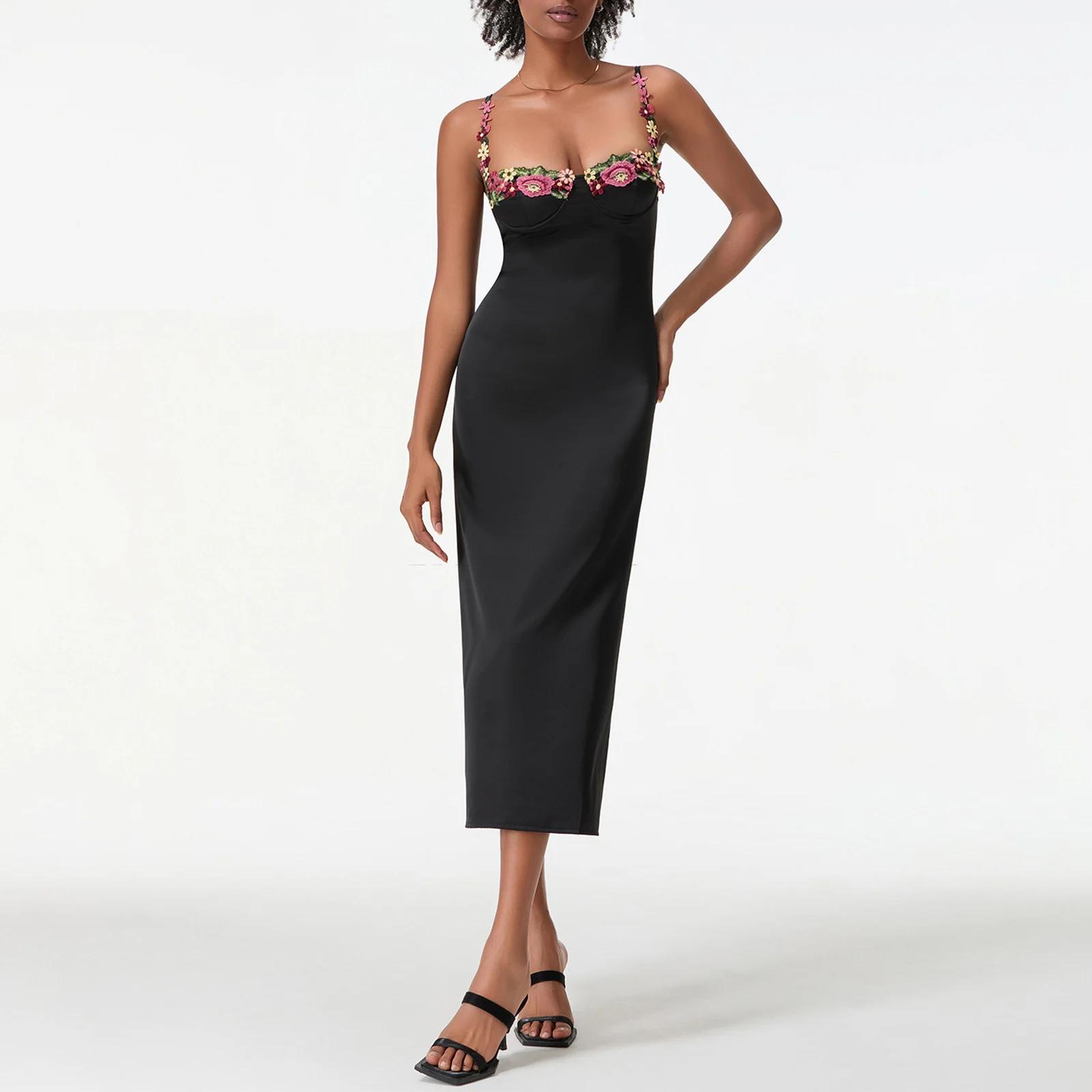 Robe de cocktail longue en satin pour femmes, broderie de fleurs, bretelles spaghetti, robe moulante