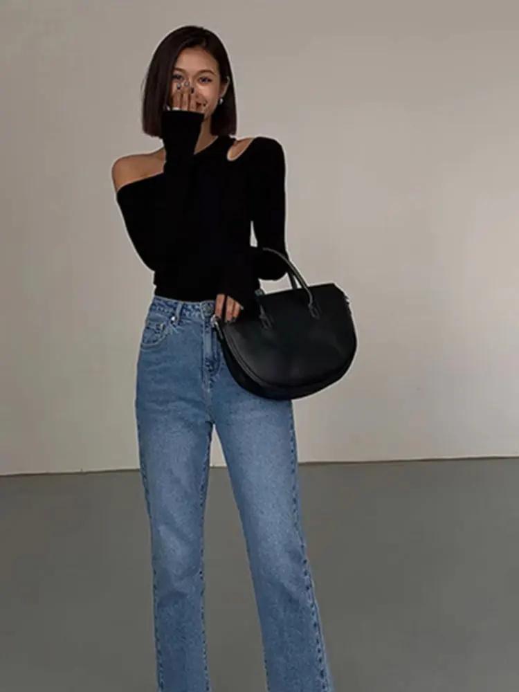 Mode col incliné épaules dénudées à manches longues T-shirts femmes printemps nouveau solide coupe a