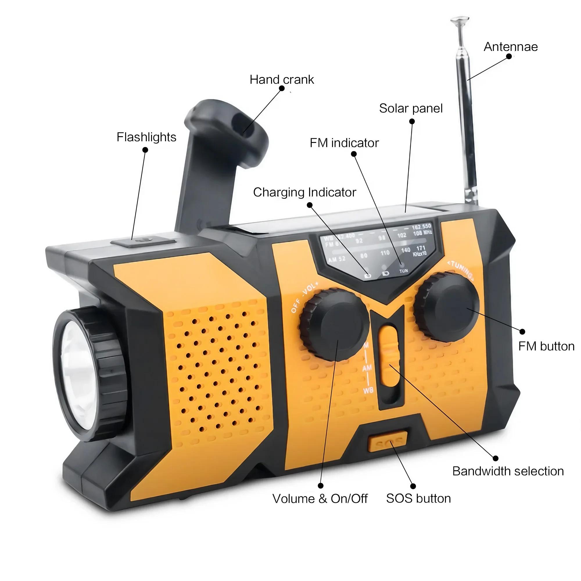 Radio solaire d'urgence à manivelle avec lampe de poche LED, radio météo portable AM/FM/NOAA avec ch