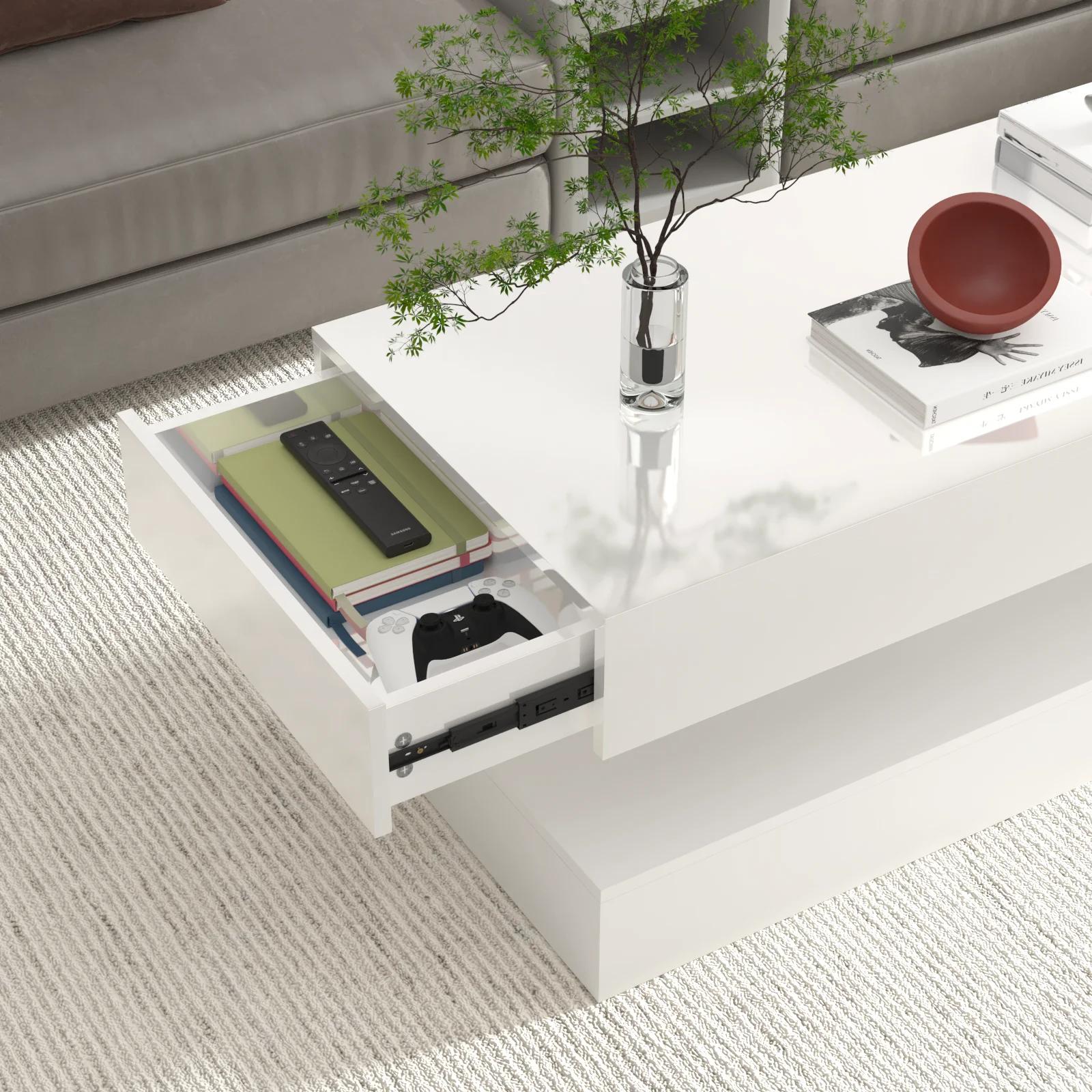 Table basse LED à haute brillance, table centrale moderne avec 2 rangements à proximité, 47,3 pouces