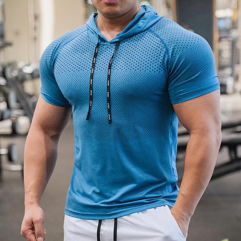 Sweat à capuche pour hommes, course à pied, musculation, Sport, manches courtes, vêtements de Fitnes