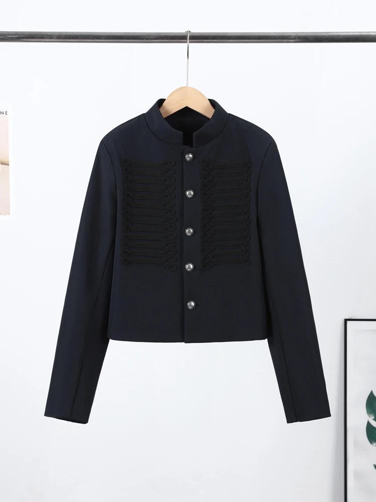 Veste Vintage Femme Col Montant Simple Boutonnage Manches Longues Style Napoléon Manteau Chic Haut d
