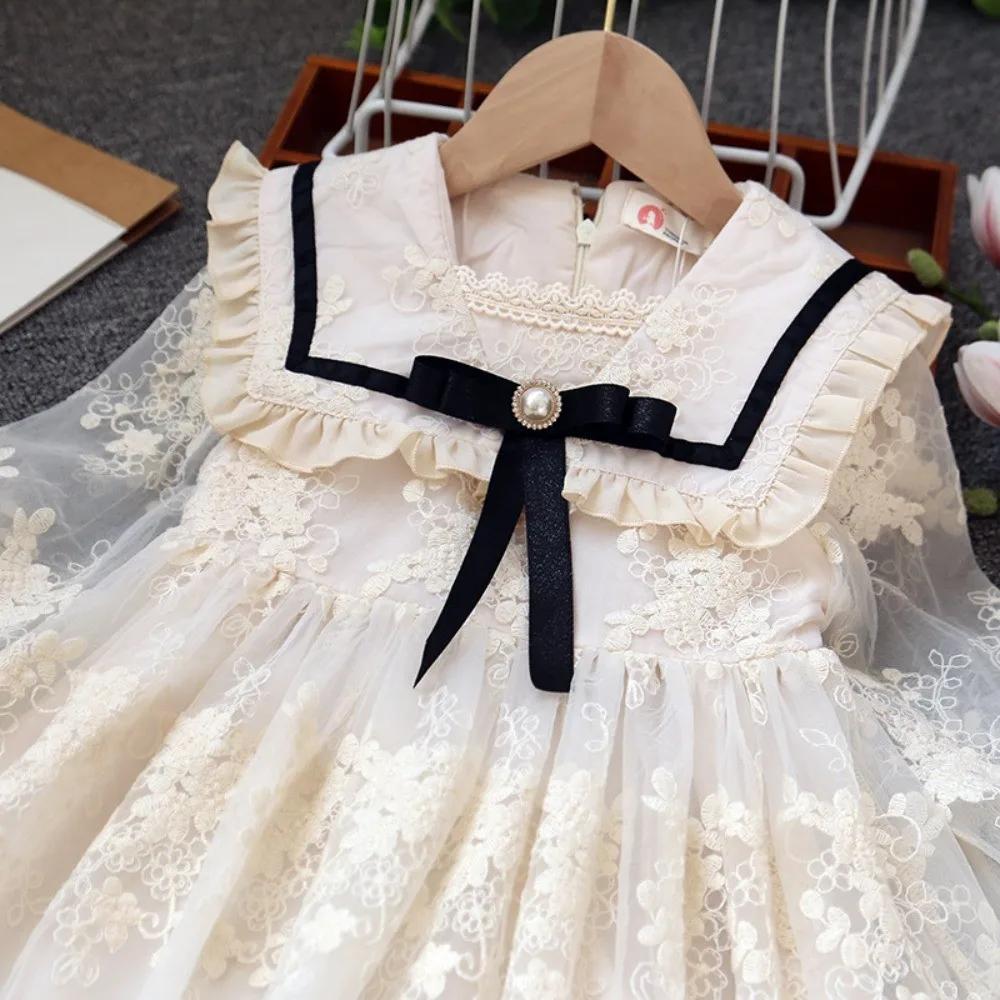 Robe coréenne à fleurs Beige pour filles, avec nœud en dentelle, manches longues, décoration pour ad