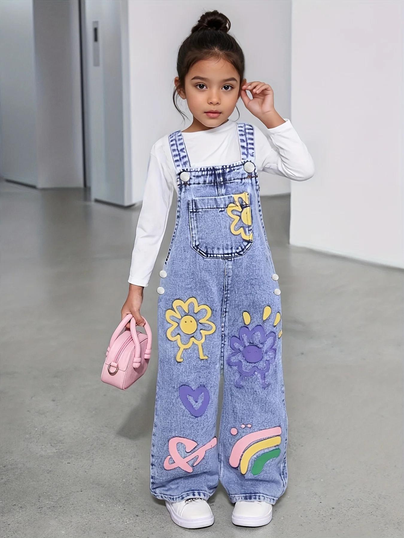 Pantalon en denim droit et ample imprimé motif tournesol Y2K pour fille, pantalon à cordon de serrag