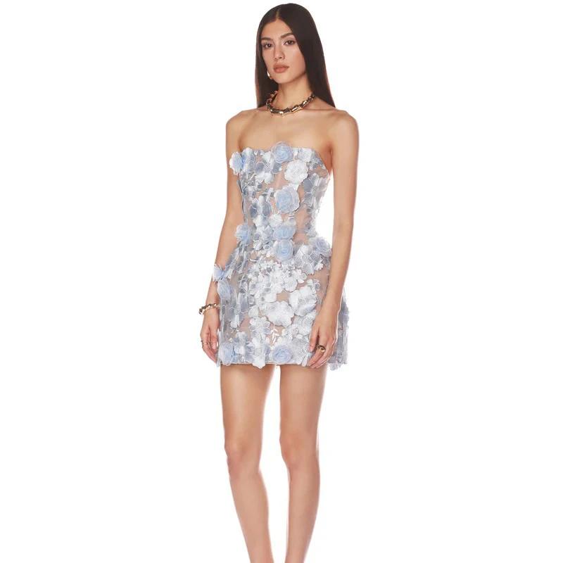 Nouvelle robe sexy sans bretelles à fleurs brodées, robe de soirée réglable avec cravate au dos pour