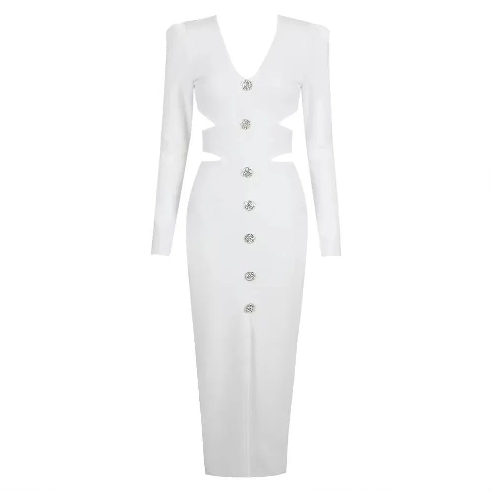 Robe mi-longue à bandes pour femmes, col en V, fendue, découpée, élégante, moulante, Sexy, mode, man