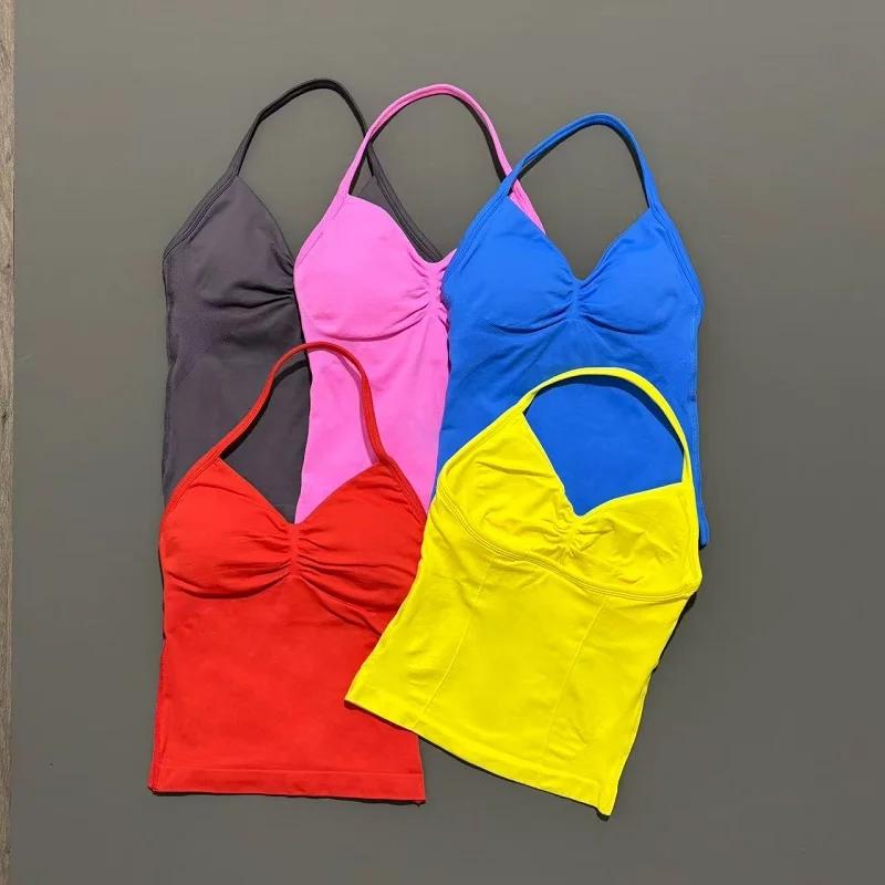 Hauts de sport pour femmes, débardeur de Yoga sans couture avec coussinets amovibles, col en V, haut
