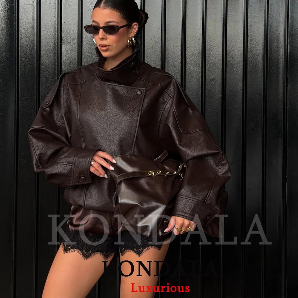 KONDALA décontracté Chic noir en cuir vestes femmes à manches longues boutons élastique surdimension