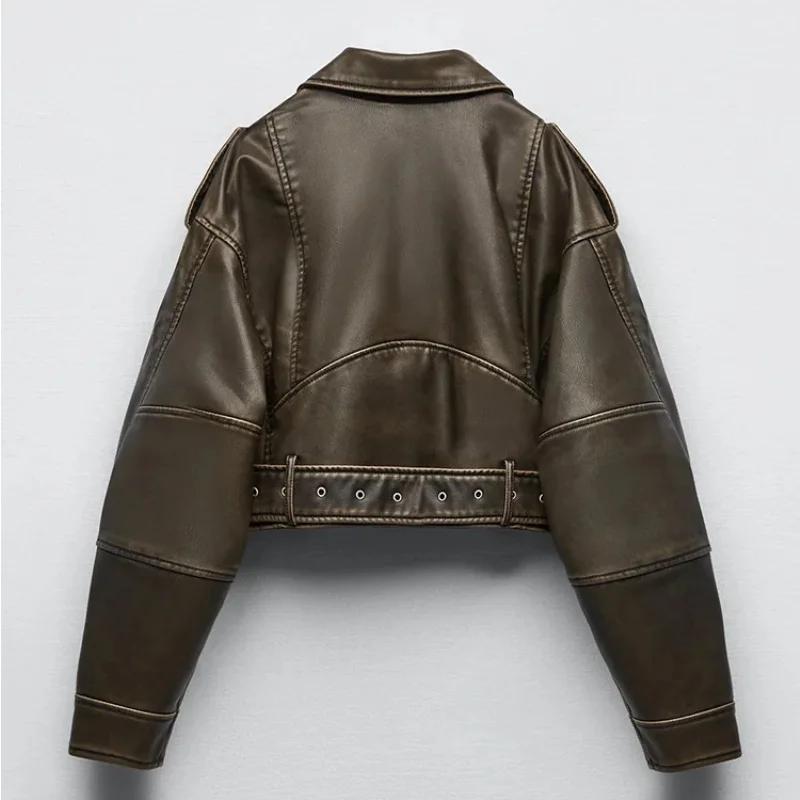Veste courte Vintage en Faux cuir Pu pour femme, ample, avec ceinture, Streetwear, fermeture éclair,