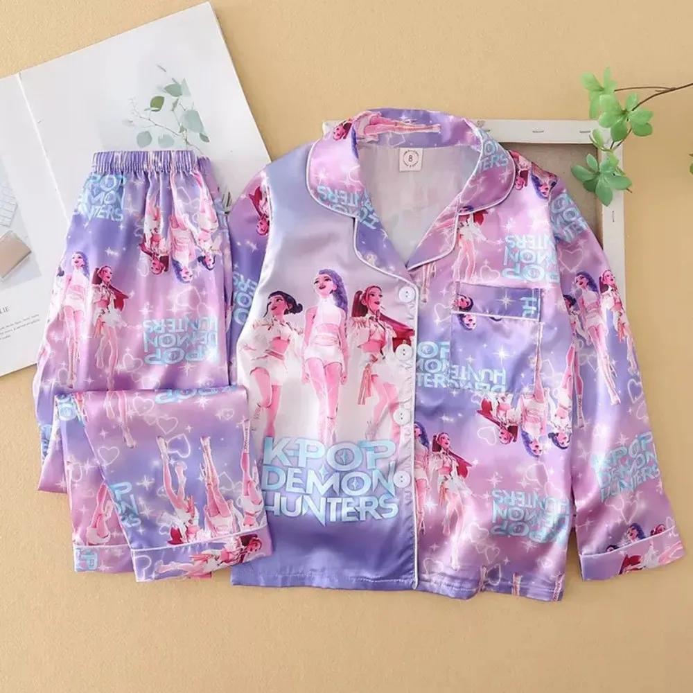 Ensembles de pyjamas pour filles en satin à manches longues rose et violet, pyjamas pour enfants Kpo