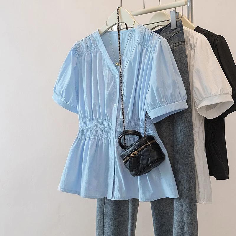200 livres grande taille taille élastique bureau dame tendance chemise et chemisier à manches courte