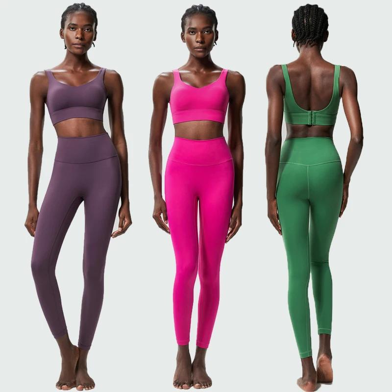 Ensemble yoga fitness deux pièces femmes - Couleur unie extensible séchage rapide running