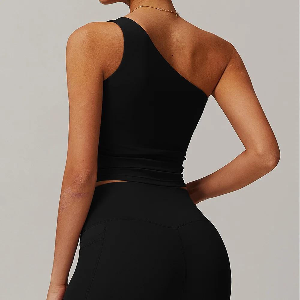 Soutien-gorge de sport push-up femme gilet asymétrique épaule dénudée fitness rembourré Yoga