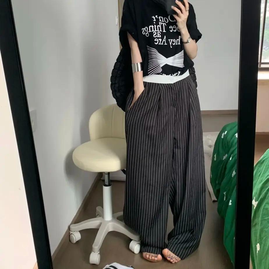 2025 printemps décontracté rayé imprimé taille haute jambe large Patchwork pantalon femmes Baggy mod