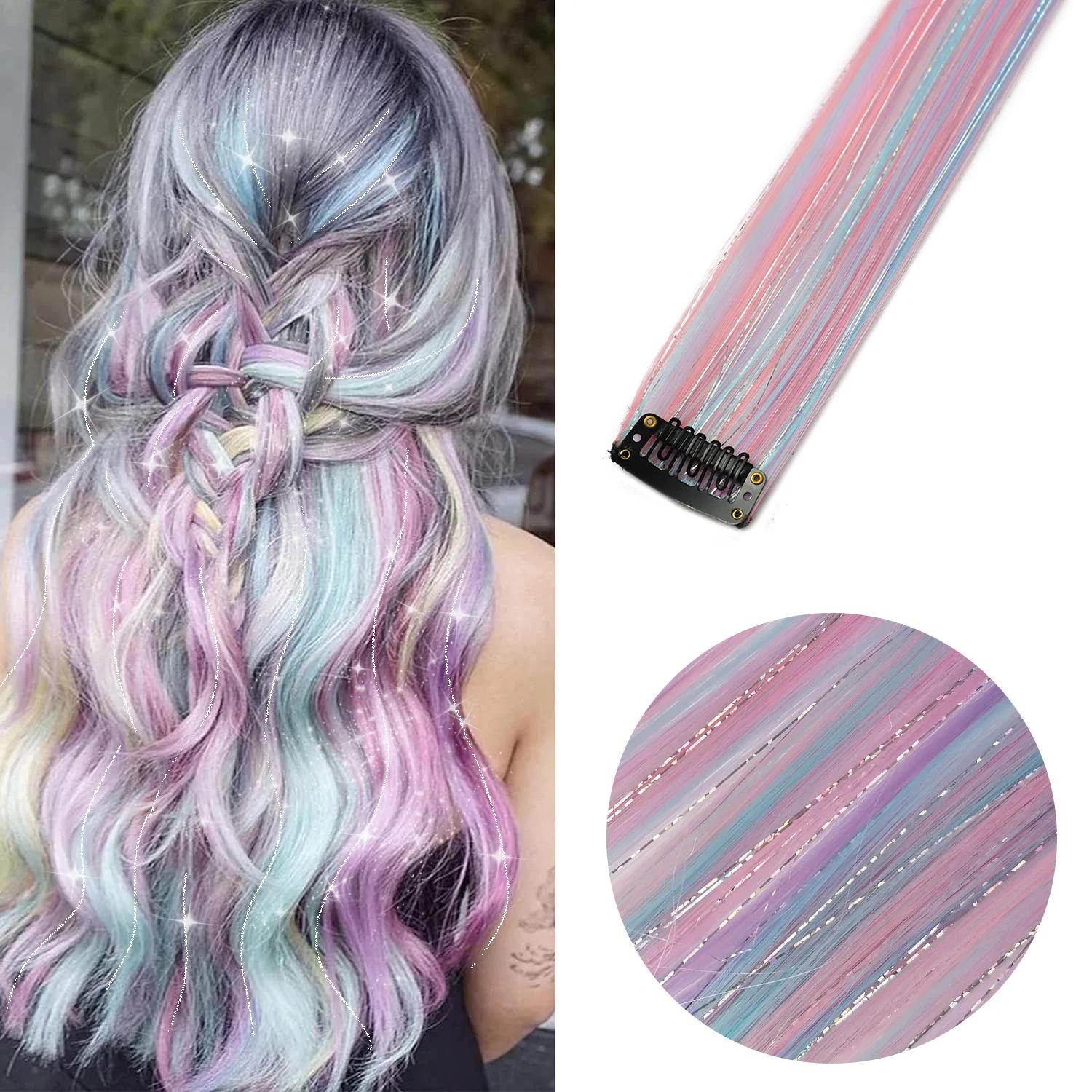 Extensions de cheveux synthétiques à clips licorne colorées, tinsels argentés mélangés, arc-en-ciel,