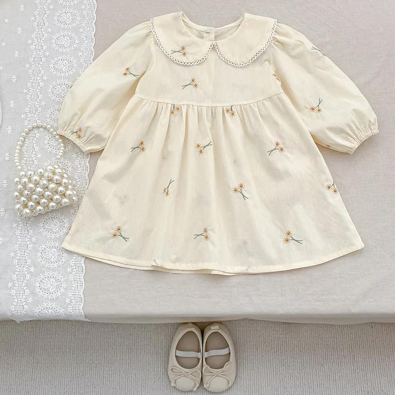 Vêtements de printemps pastorale pour petites filles, robe d'automne en coton brodé à fleurs, robe d