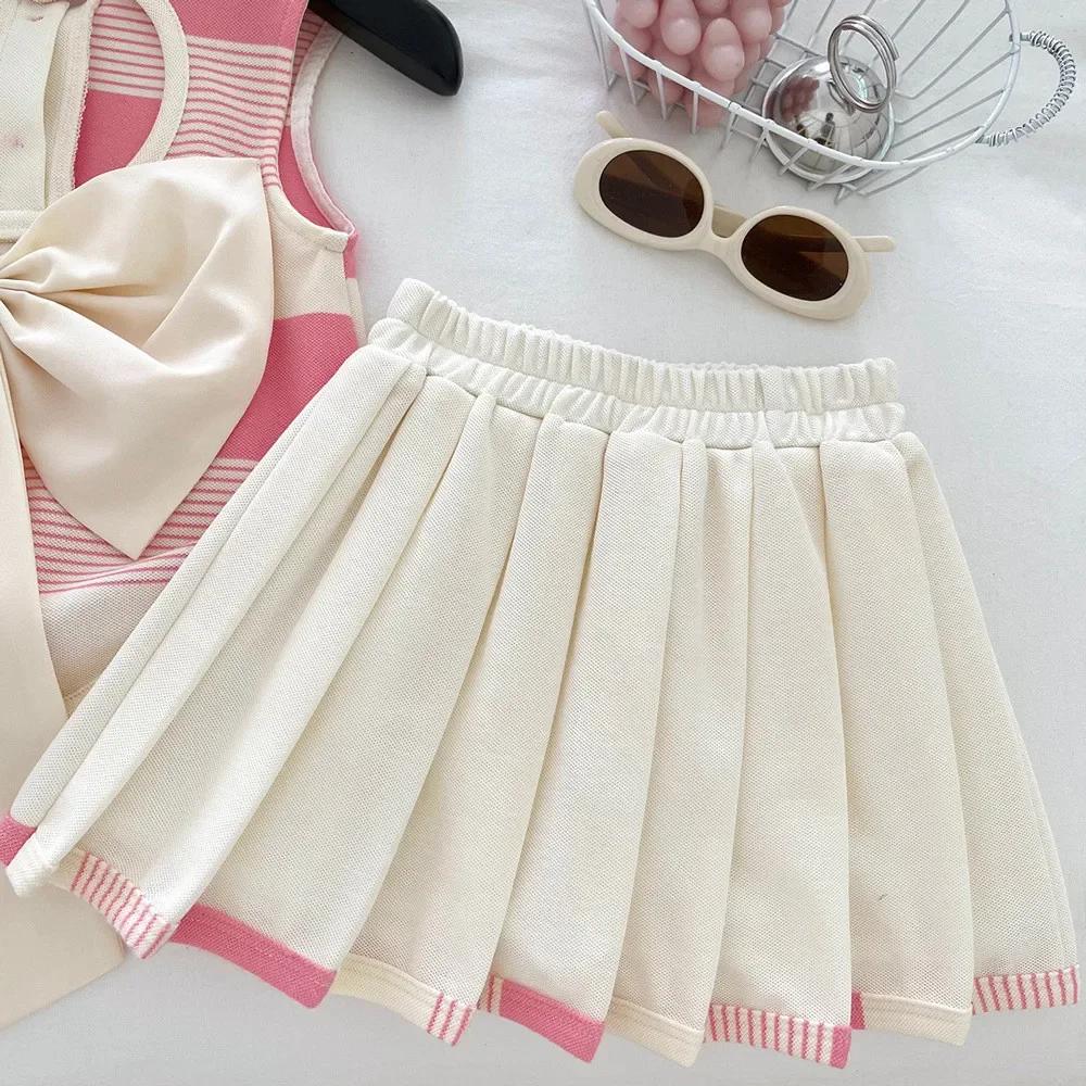 Vêtements roses pour filles de 2 à 9 ans, T-shirt rayé imprimé amour + jupe plissée, ensemble 2 pièc