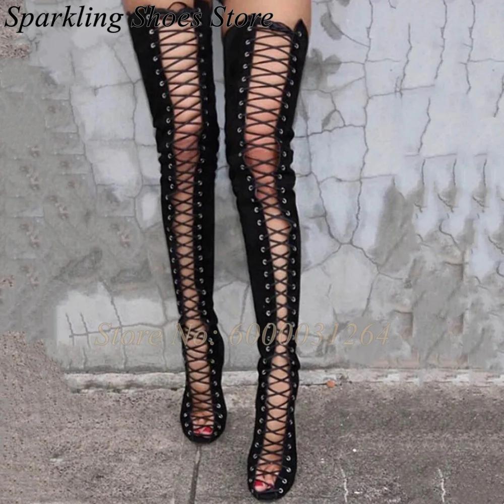 Sandales d'été à talons aiguilles sexy, style gladiateur à brides croisées, à bout ouvert, montantes