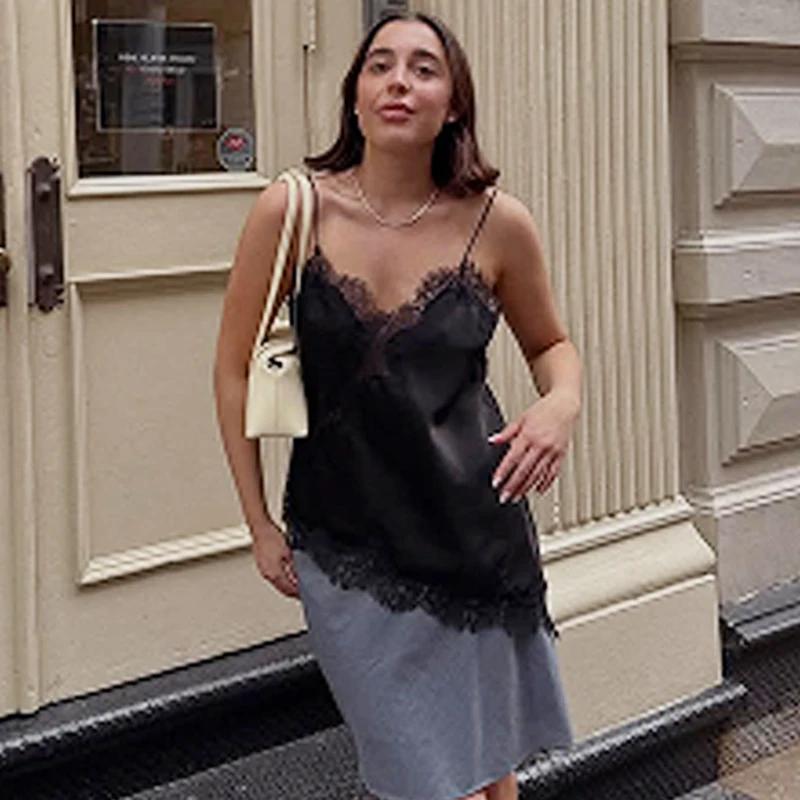 HXAO dentelle haut asymétrique femmes réservoirs & Camis été 2025 noir Slip haut sans manches dames 
