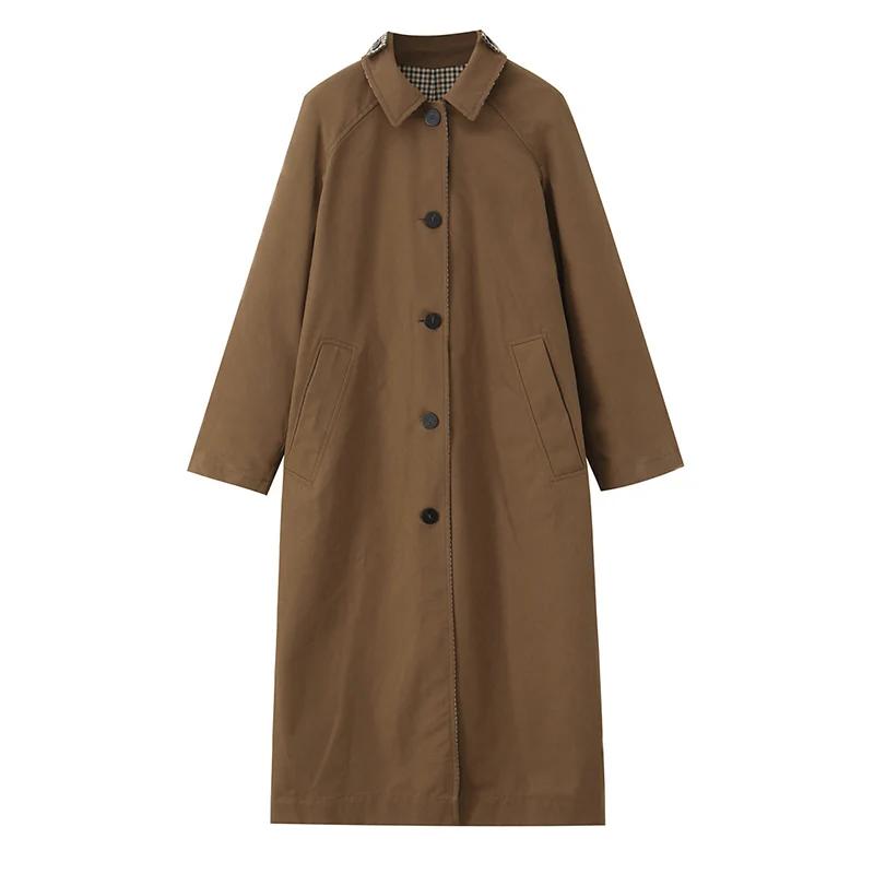 Vestes longues à carreaux Double face pour femmes, Trench-Coat à manches longues et simple boutonnag