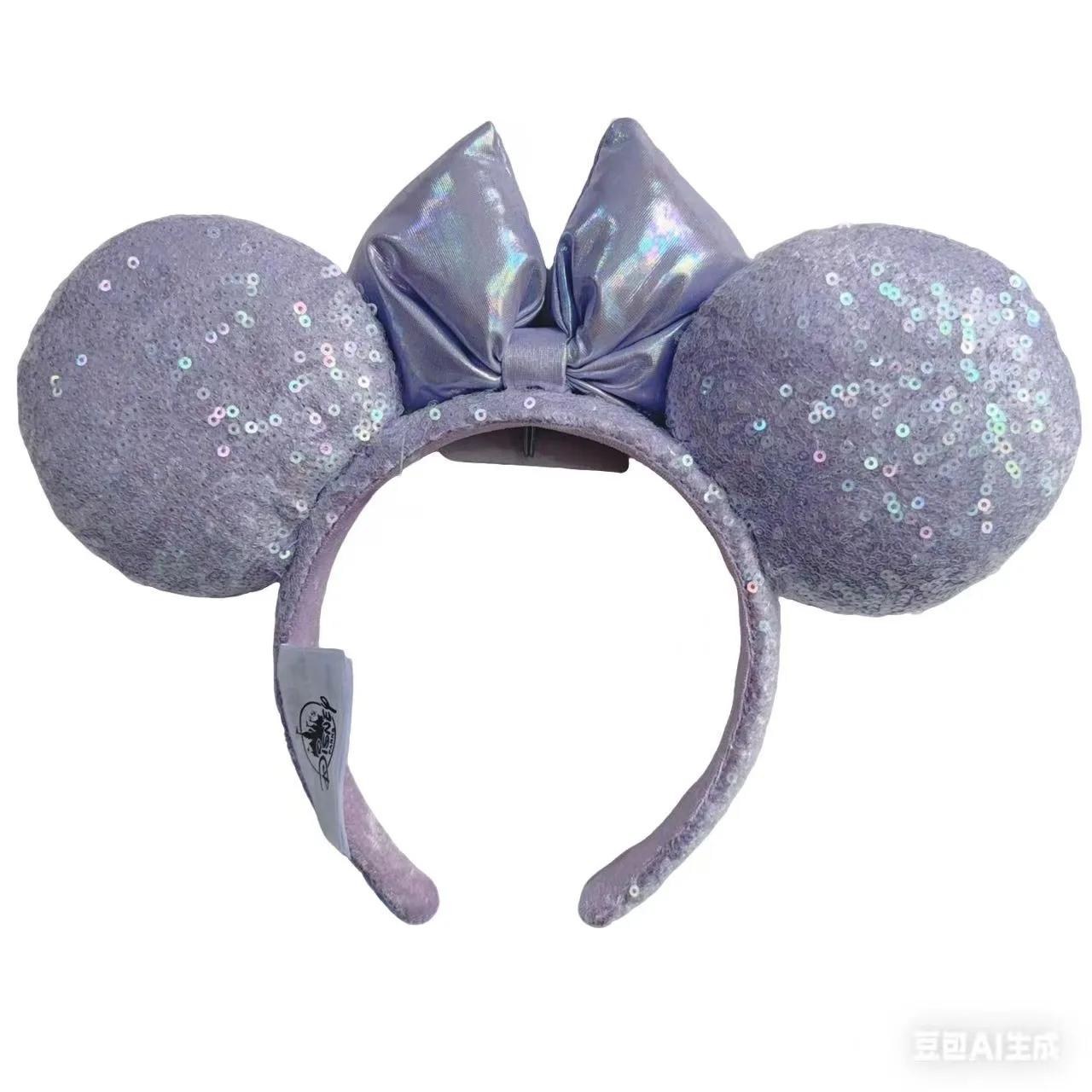 Bandeau oreilles Disney Minnie Mouse avec nœud à paillettes violettes, cerceau pour cheveux Cosplay 