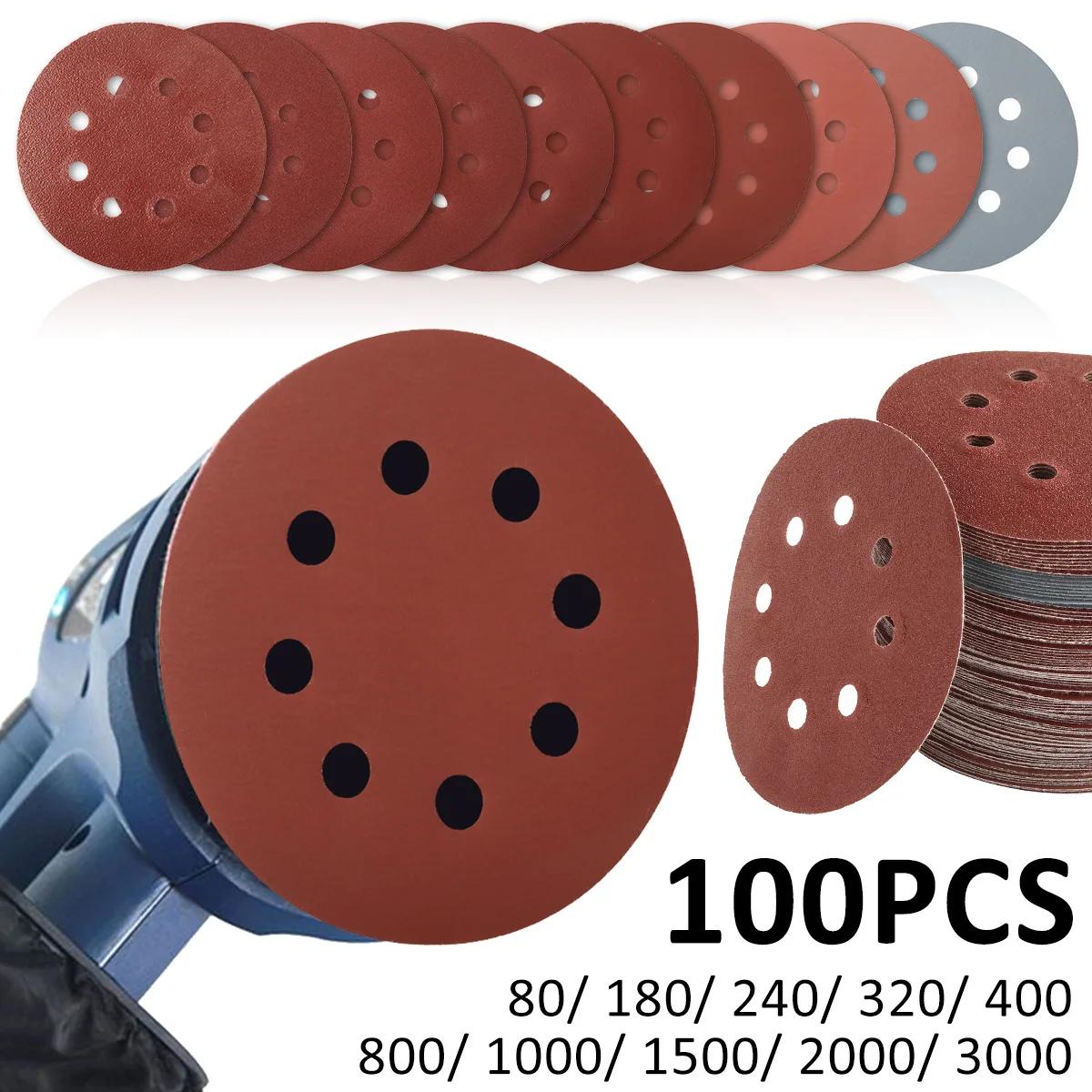 100 pièces 125mm disques abrasifs 8 trous crochet boucle papier de verre 80 grain-3000 grain papier 