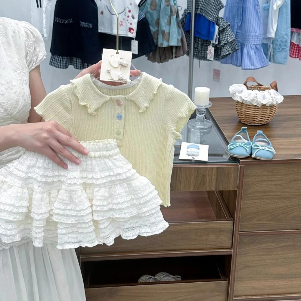 Nouvel ensemble d'été pour filles de 2 à 7 ans : haut polyvalent à col, dentelle et demi-manches bou