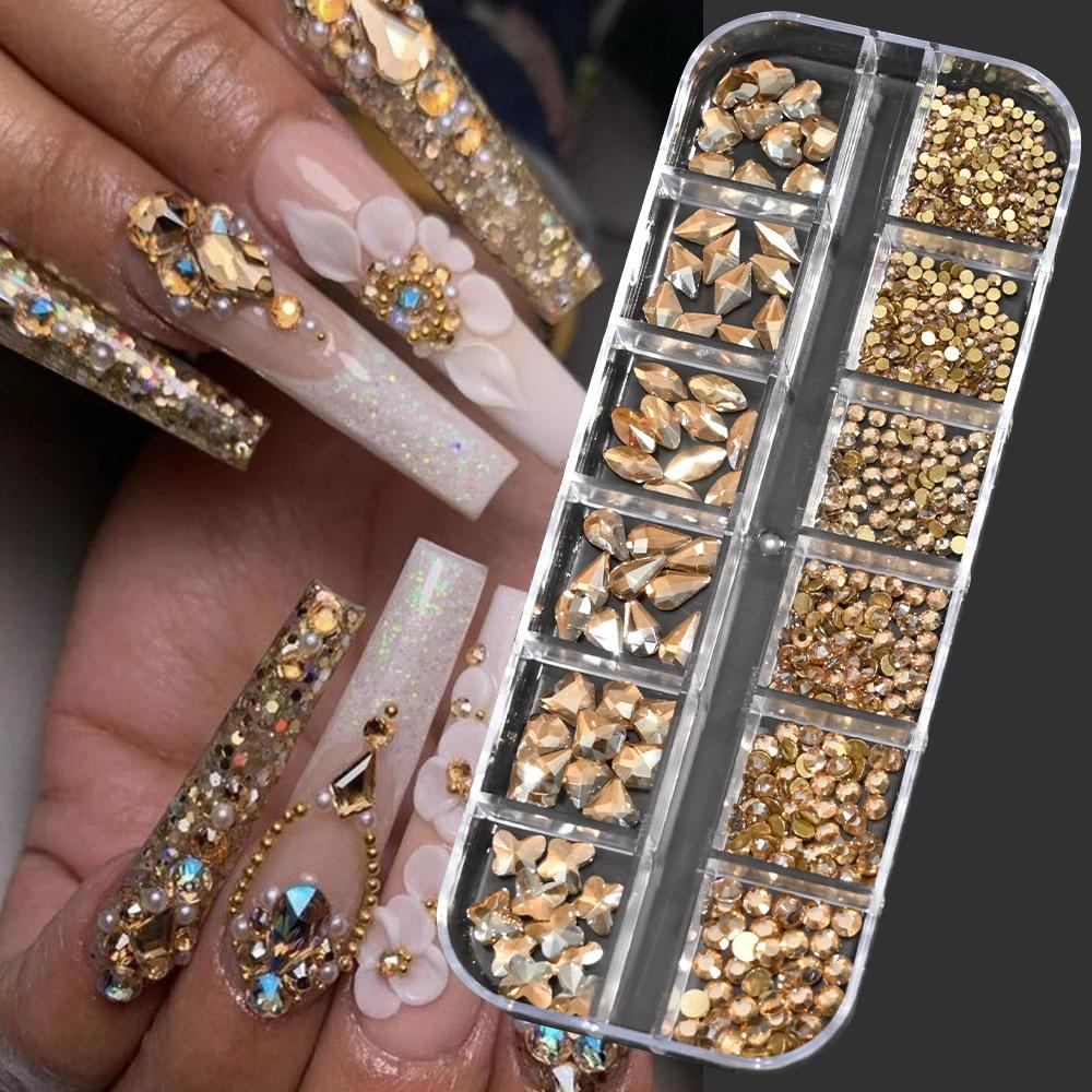 Strass 3D or/Champagne pour Nail Art, 12 grilles, formes mixtes, diamants en verre à dos plat, brelo