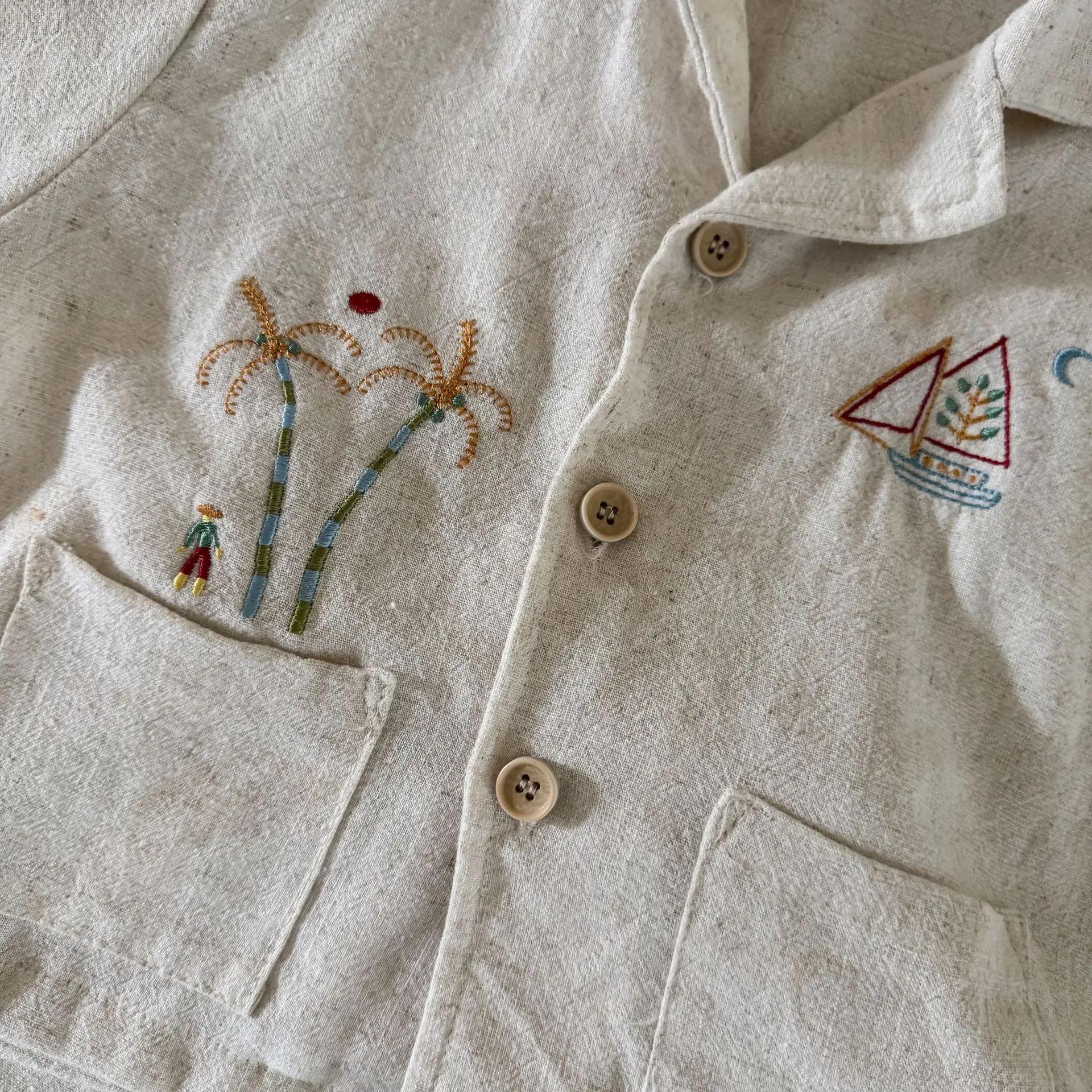Nouvel ensemble d'été pour enfants style vacances : Robe trapèze en lin brodée bateau à voile pour f