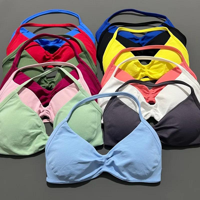 HISTELLO Soutien-gorge de sport à bretelles fines pour femme, maintien élevé, sans couture, style ha